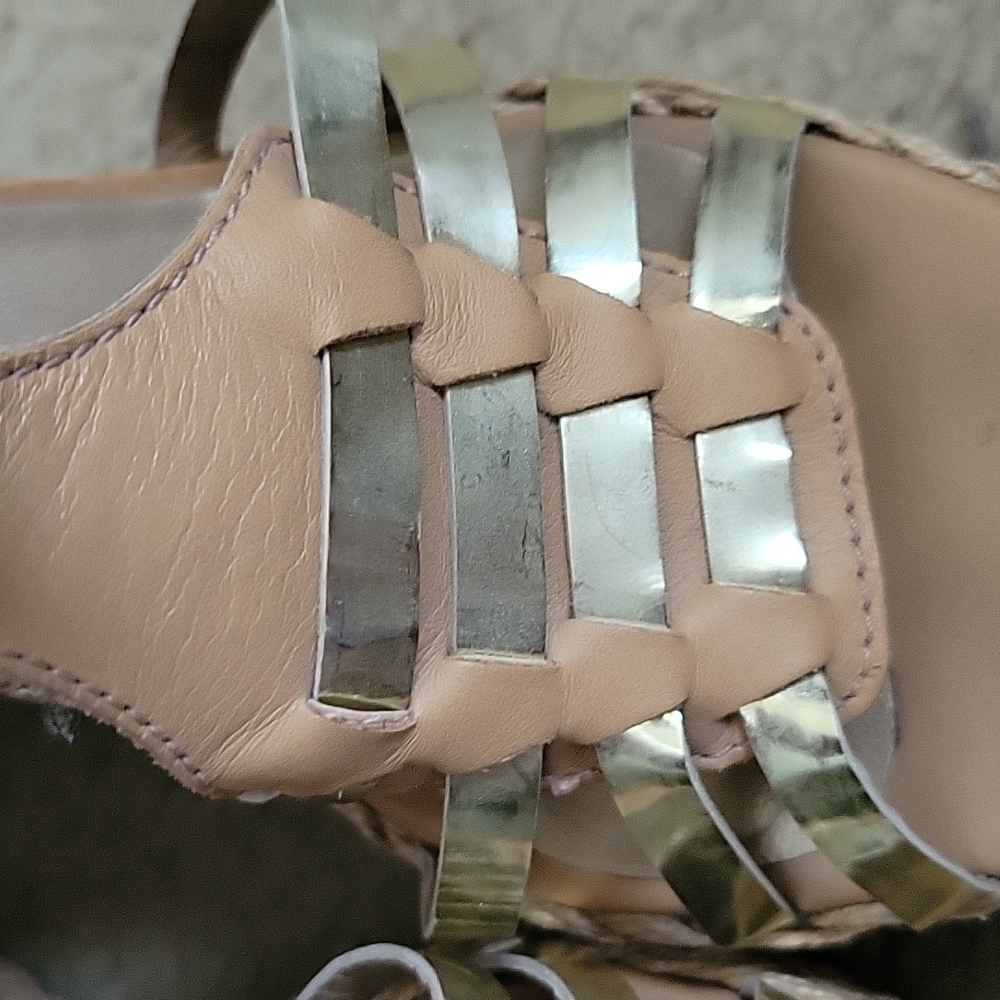 Stuart Weitzman Nude Gold Leather Espadrille Wedge Sandals Ankle Strap Size 8M - Picture 7 of 7